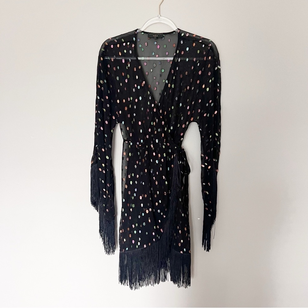 Revolve x Michael Costello Dot Dress Fringe Black Sheer Kimono Gypsy - Picture 2 of 4